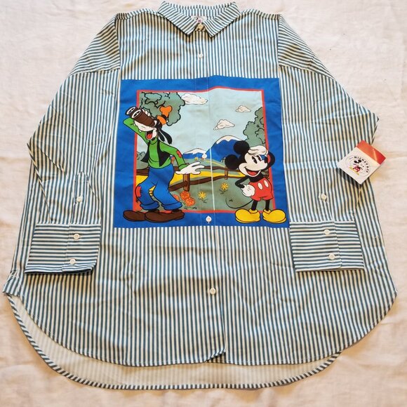 Mickey & Co Button Up Long Sleeve Shirt Striped w/ Mickey & Goofy - Size L NWT - Picture 1 of 4